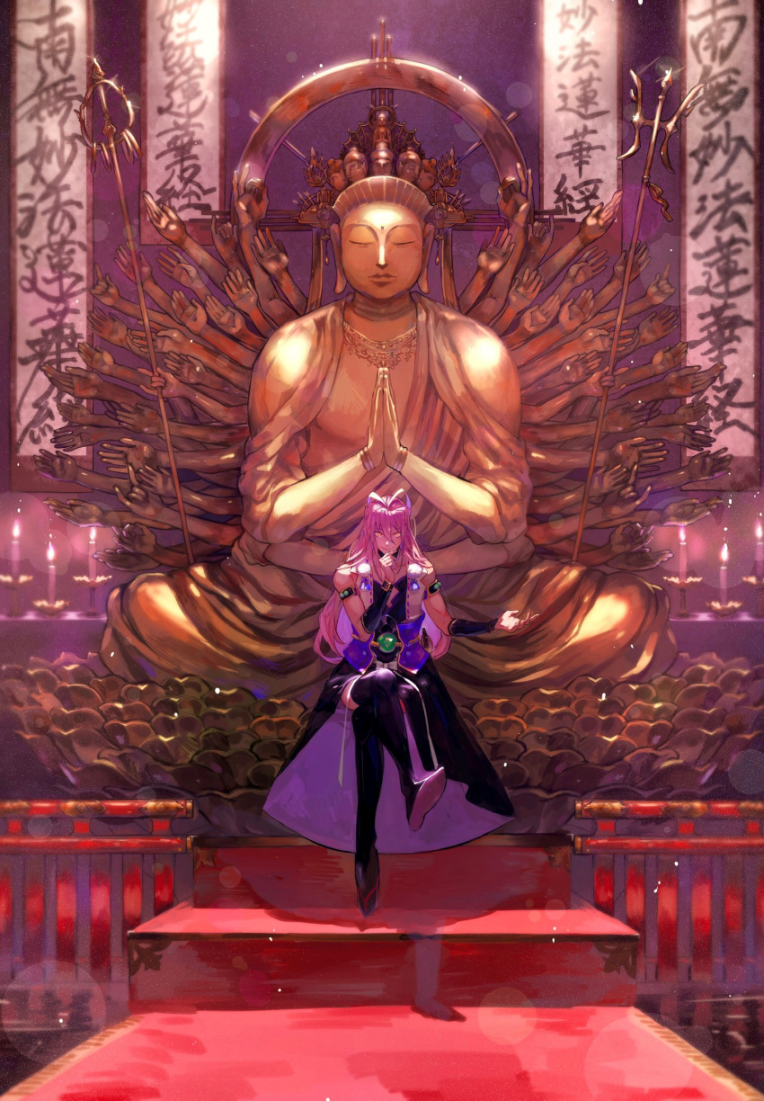 1boy antenna_hair black_legwear buddhism extra_arms highres japanese_clothes kokoko_(aimai_co) lavender_hair long_hair low-tied_long_hair male_focus padma_patil ponytail purple_hair red_eyes sengo_muramasa_(touken_ranbu) sitting smile solo statue thigh-highs touken_ranbu