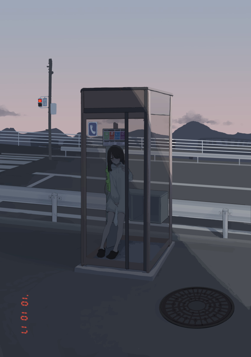 1girl black_hair brown_eyes dated hair_over_one_eye highres hood hoodie leaning long_hair looking_at_viewer manhole mountain oissu_tiwassu original payphone phone phone_booth smile solo traffic_light v