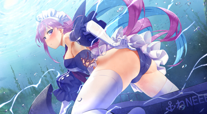 1girl :t adjusting_clothes adjusting_swimsuit ahoge aqua_hair armpits ass azur_lane bangs bare_shoulders blue_swimsuit blush breasts bubble commentary_request crossover detached_sleeves elbow_gloves frilled_swimsuit frills from_side gloves highres hololive long_hair looking_at_viewer maid_headdress medium_breasts minato_aqua mizunashi_(second_run) multicolored_hair one-piece_swimsuit pout puffy_sleeves purple_hair sideboob solo streaked_hair submarine swimsuit thigh-highs twintails two-tone_hair underwater violet_eyes virtual_youtuber watercraft white_gloves white_legwear