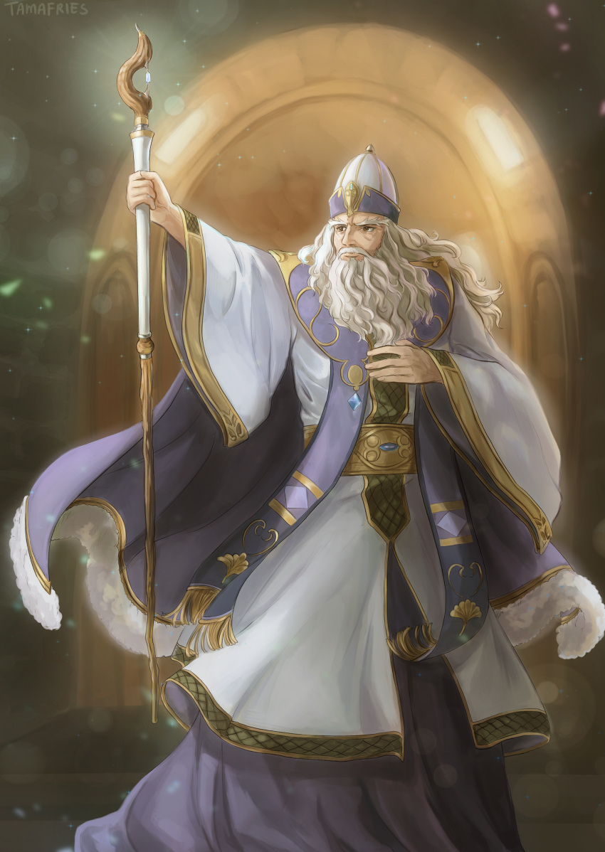 1boy absurdres artist_name beard brown_eyes facial_hair fire_emblem fire_emblem_echoes:_shadows_of_valentia fur_trim hat highres long_hair nomah_(fire_emblem) solo sparkle staff tamafry white_hair