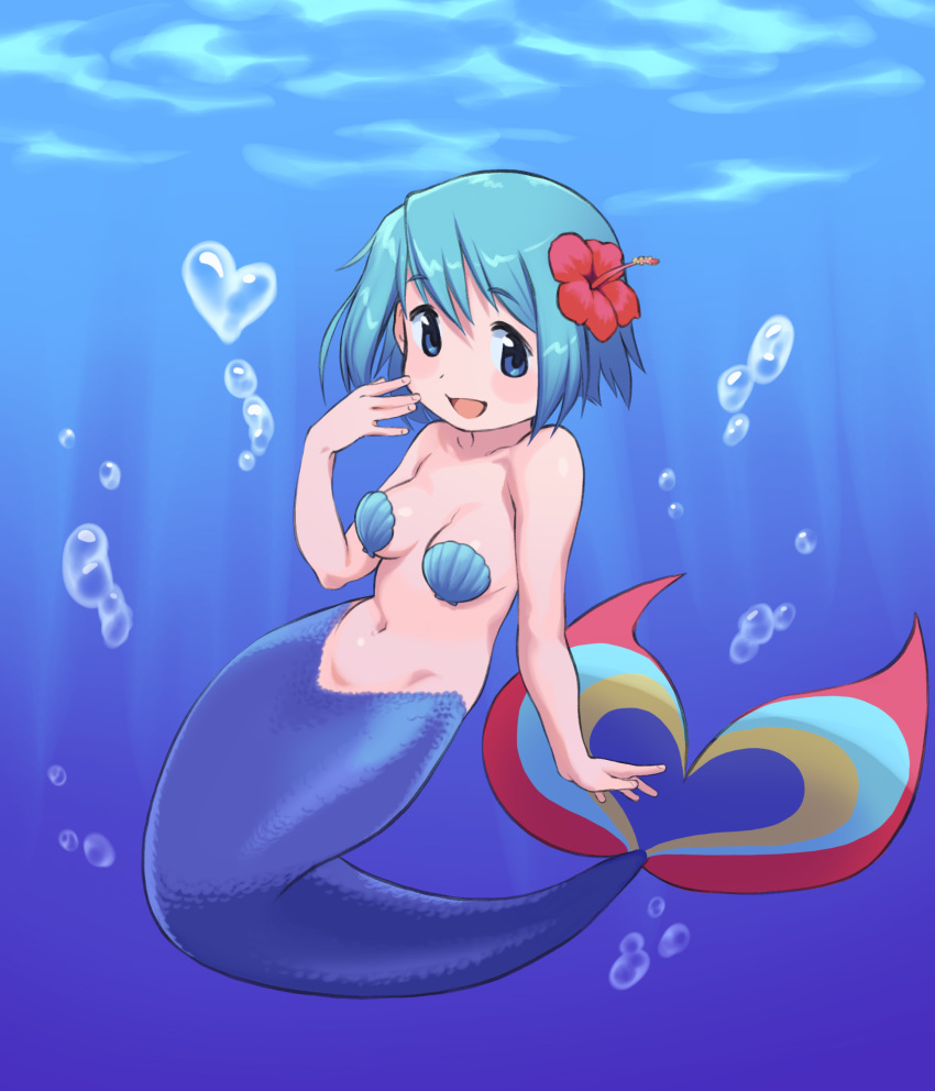 1girl air_bubble blue_eyes blue_hair breasts bubble flower gloamy hair_flower hair_ornament heart highres mahou_shoujo_madoka_magica medium_breasts mermaid miki_sayaka monster_girl monsterification shell shell_bikini short_hair smile solo topless underwater