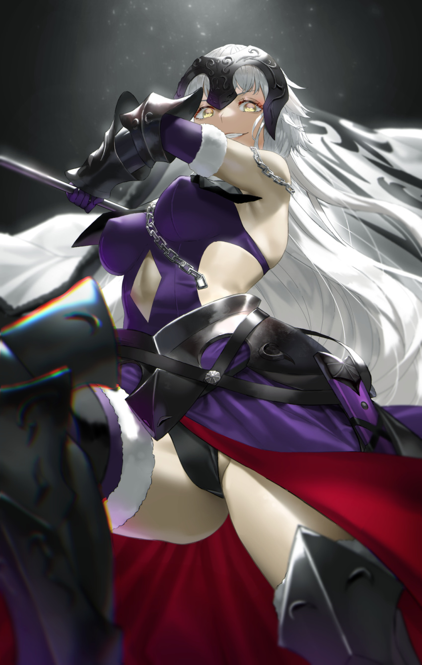 1girl arm_guards arm_up armored_boots armpits bare_shoulders between_breasts black_panties boots breasts chain covered_nipples dark_background dress elf fate/grand_order fate_(series) fauls from_below fur-trimmed_gloves fur-trimmed_legwear fur_trim giji_(gishi2186) gloves grin groin headpiece highres holding holding_weapon jeanne_d'arc_(alter)_(fate) jeanne_d'arc_(fate)_(all) large_breasts long_hair looking_at_viewer looking_down open_mouth pale_skin panties pantyshot pointy_ears purple_dress purple_footwear purple_gloves silver_hair sleeveless sleeveless_dress smile solo spotlight teeth thigh-highs thigh_boots thighhighs_under_boots thighs underwear very_long_hair weapon yellow_eyes