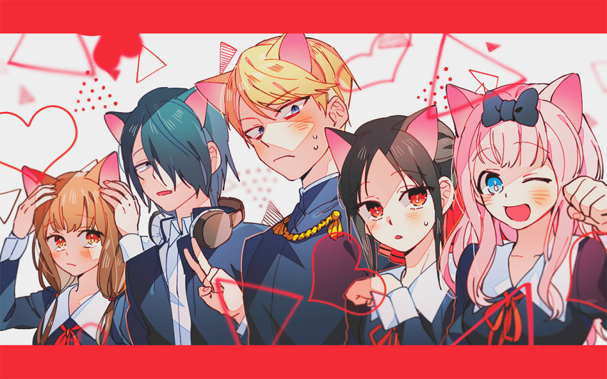 2boys 3girls animal_ears black_bow blonde_hair blue_eyes blush bow brown_hair cat_ears enoch_(enoch0501) fujiwara_chika hair_bow hand_up headphones headphones_around_neck heart iino_miko ishigami_yuu kaguya-sama_wa_kokurasetai_~tensai-tachi_no_renai_zunousen~ long_hair multiple_boys multiple_girls paw_pose pink_hair red_bow red_eyes red_ribbon ribbon school_uniform shinomiya_kaguya shirogane_miyuki simple_background sweatdrop upper_body v white_background