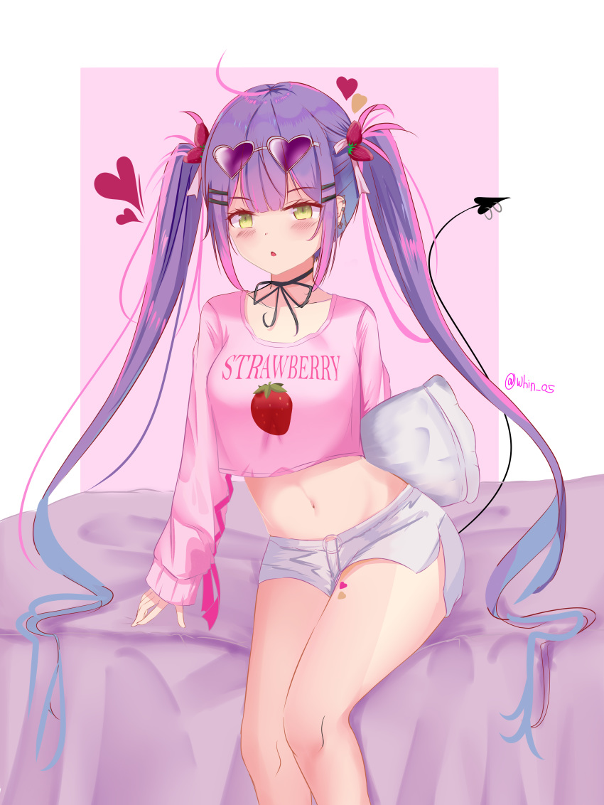 1girl :o absurdres bare_legs black_ribbon blush choker collarbone crop_top demon_tail earrings eyewear_on_head hair_ribbon heart heart-shaped_eyewear highres holding holding_pillow hololive jewelry long_hair long_sleeves looking_at_viewer navel on_bed open_mouth pillow pink_shirt pink_theme purple_hair ribbon ribbon_choker shirt short_shorts shorts sitting solo stomach stud_earrings sunglasses tail tokoyami_towa twintails twitter_username very_long_hair virtual_youtuber whin white_shorts yellow_eyes