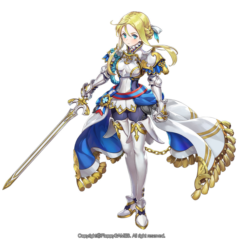 1girl armor blonde_hair bow braid breasts clenched_hand copyright_request full_body gauntlets gold_trim hair_bow highres holding holding_sword holding_weapon long_hair official_art pg_(lhotseshar) simple_background small_breasts solo standing sword tassel thigh-highs weapon white_background white_legwear