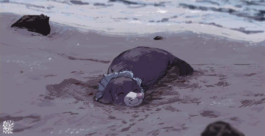 ^_^ beach closed_eyes commentary creature english_commentary gen_7_pokemon lying no_humans ocean on_stomach pokemon pokemon_(creature) popplio rock sand signature sleeping solo