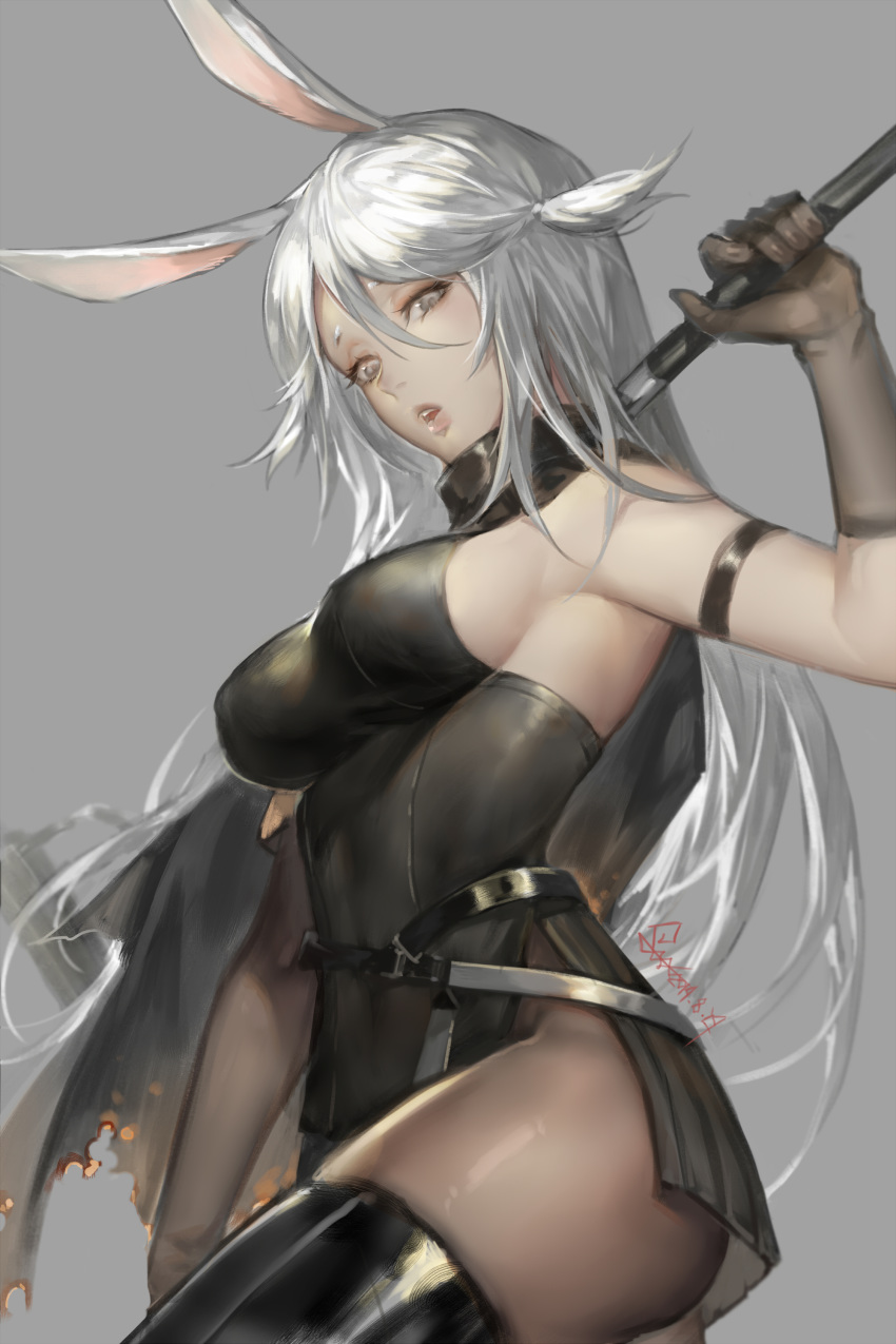 1girl absurdres animal_ears arknights arm_strap belt black_capelet black_dress black_gloves black_legwear breasts burnt_clothes capelet chinese_commentary cowboy_shot dress eyelashes gloves grey_background grey_eyes hair_between_eyes highres lips long_hair looking_at_viewer medium_breasts open_mouth over_shoulder pantyhose rabbit_ears savage_(arknights) short_twintails sideboob signature silver_hair simple_background sledgehammer sleeveless solo spade-m taut_clothes thigh-highs turtleneck twintails weapon weapon_over_shoulder