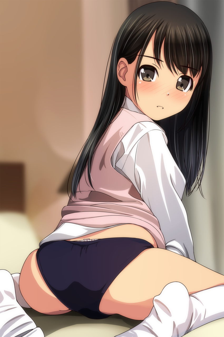 1girl absurdres ass bangs black_buruma black_hair blurry blurry_background blush brown_eyes buruma depth_of_field eyebrows_visible_through_hair from_behind highres indoors kneehighs long_hair long_sleeves looking_at_viewer looking_back matsunaga_kouyou no_shoes nose_blush original panties panties_under_buruma parted_lips pink_panties shirt sitting soles solo sweater_vest underwear wariza white_legwear white_shirt