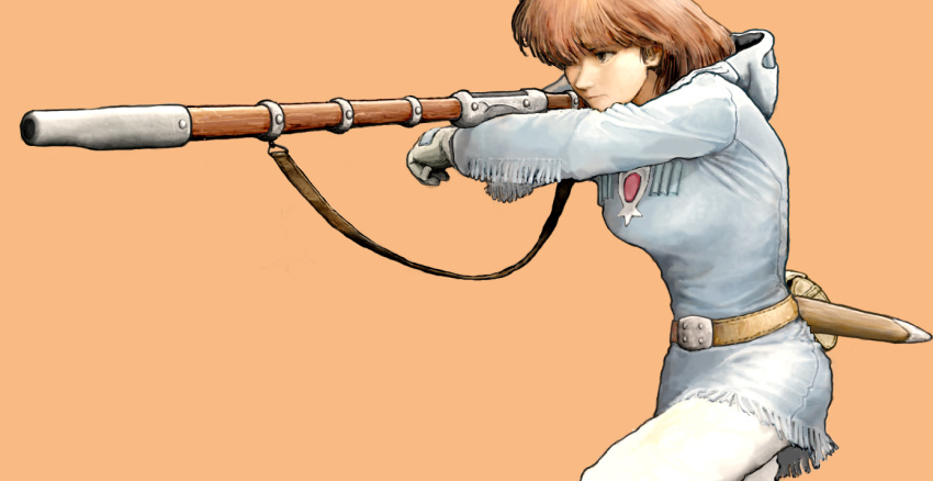 1girl bolt_action breasts brown_hair closed_mouth commentary dress gloves gun kaze_no_tani_no_nausicaa nausicaa rifle short_hair simple_background solo tk914 weapon