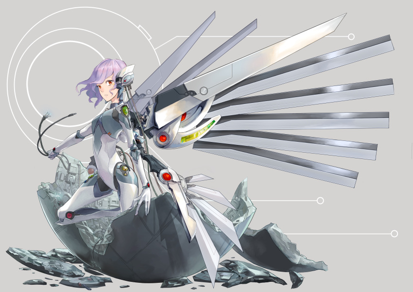 1girl absurdres android breasts cable commentary_request electricity grey_background hakohako-does highres joints looking_at_viewer mechanical_wings original parted_lips purple_hair red_eyes robot_ears robot_joints small_breasts solo wings