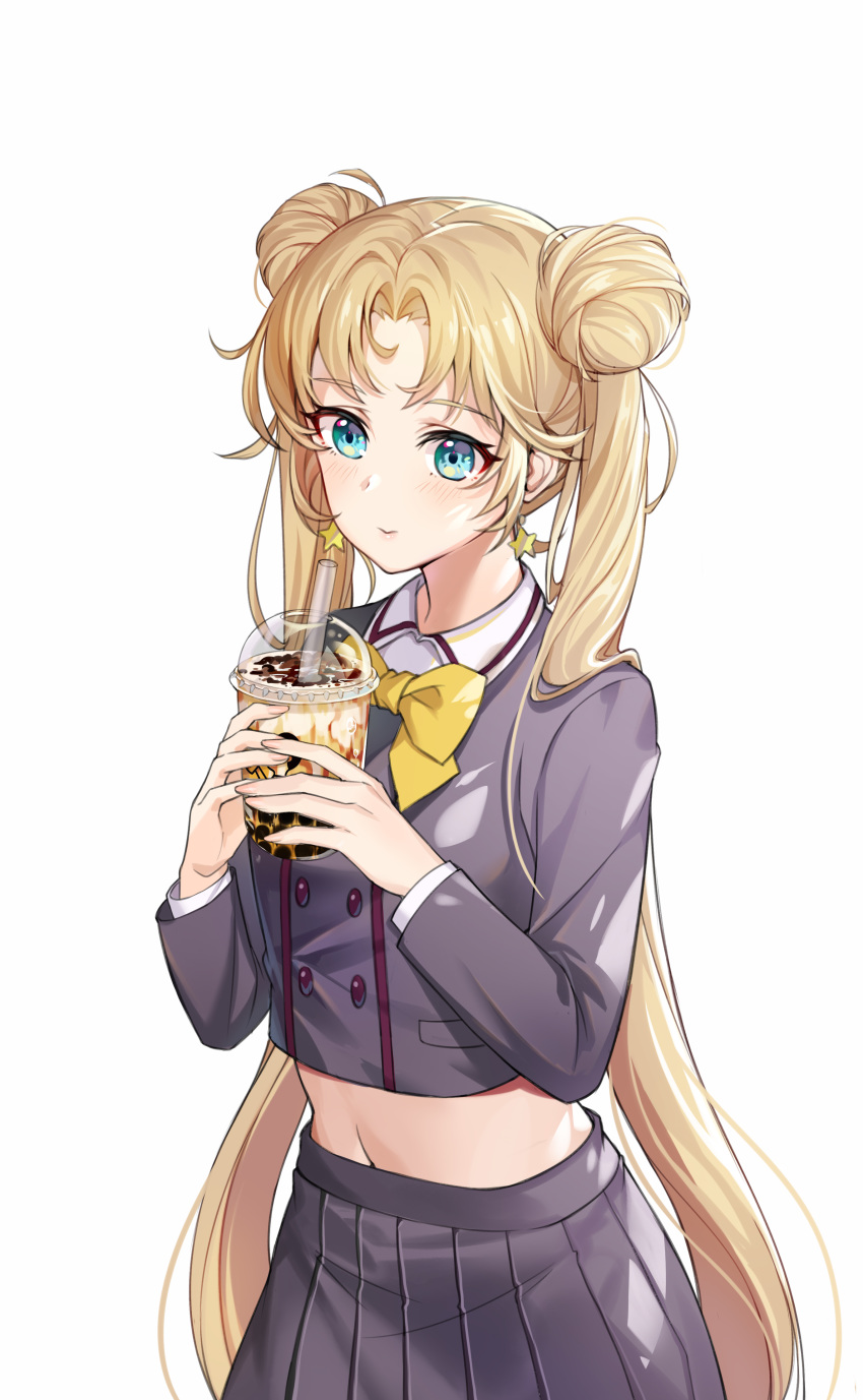 1girl absurdres aqua_eyes bangs bishoujo_senshi_sailor_moon black_shirt black_skirt blonde_hair blush bow bowtie bubble_tea closed_mouth cowboy_shot cup disposable_cup double_bun earrings highres holding holding_cup jewelry long_hair long_sleeves maoshinian1 midriff navel parted_bangs pleated_skirt school_uniform shirt simple_background skirt smile solo star star_earrings tsukino_usagi twintails very_long_hair white_background yellow_bow yellow_neckwear