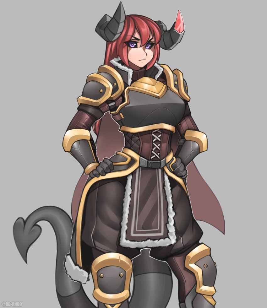 1girl absurdres armor black_sclera breastplate buckle closed_mouth eyebrows_visible_through_hair gloves greaves hair_between_eyes hand_on_hip highres horns leg_armor long_hair looking_at_viewer original pauldrons rd_rn00 redhead simple_background solo standing strap tagme tail violet_eyes white_background