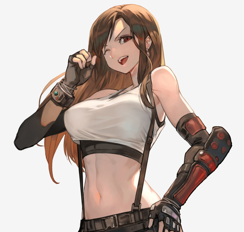 1girl arm_guards bangs bare_shoulders breasts brown_eyes brown_hair commentary earrings elbow_gloves final_fantasy final_fantasy_vii final_fantasy_vii_remake fingerless_gloves gloves highres jewelry lack long_hair medium_breasts midriff navel one_eye_closed open_mouth smile solo stomach suspenders tank_top tifa_lockhart white_tank_top