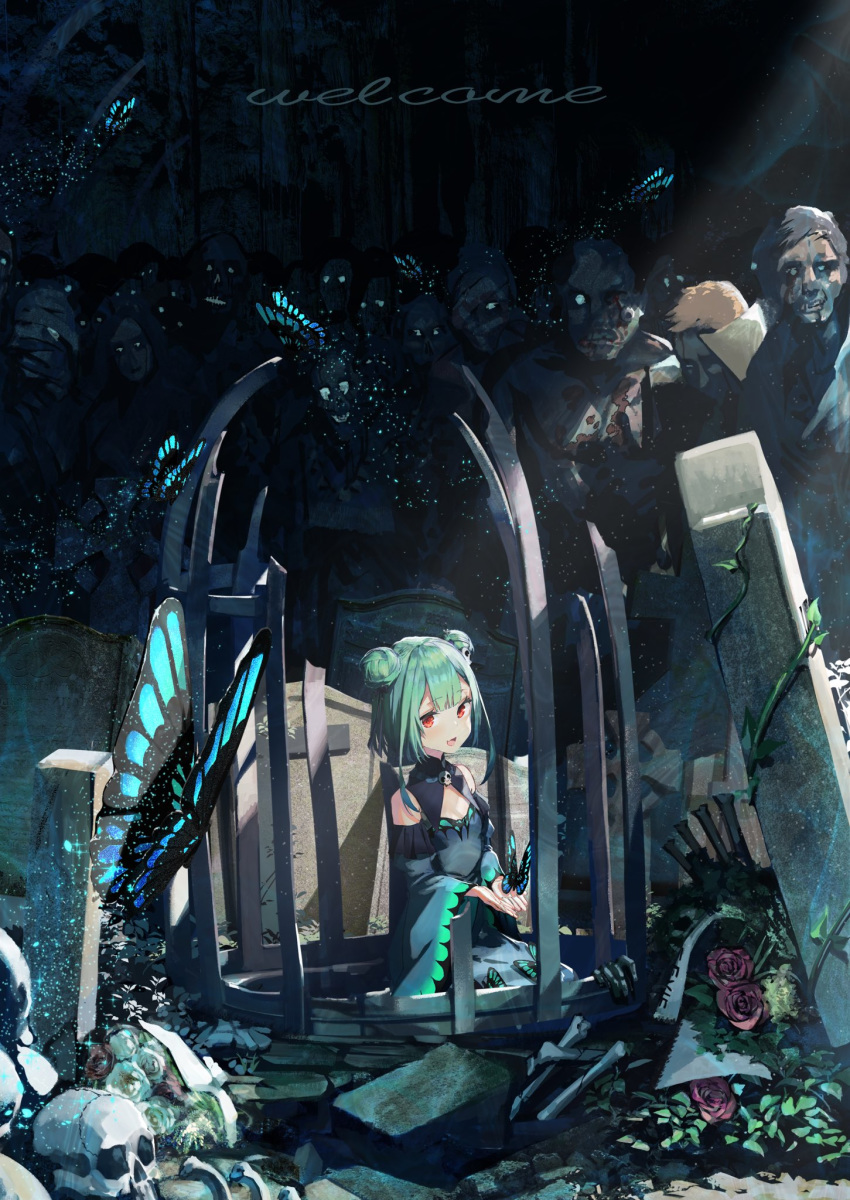 1girl bone bug butterfly detached_sleeves double_bun dress english_text flower frilled_dress frills gradient_hair green_hair hair_ornament hair_ribbon highres hololive insect multicolored_hair open_mouth plant red_eyes ribbon rose ruins sitting skull skull_hair_ornament smile solo_focus uruha_rushia vines virtual_youtuber xkirara39x zombie