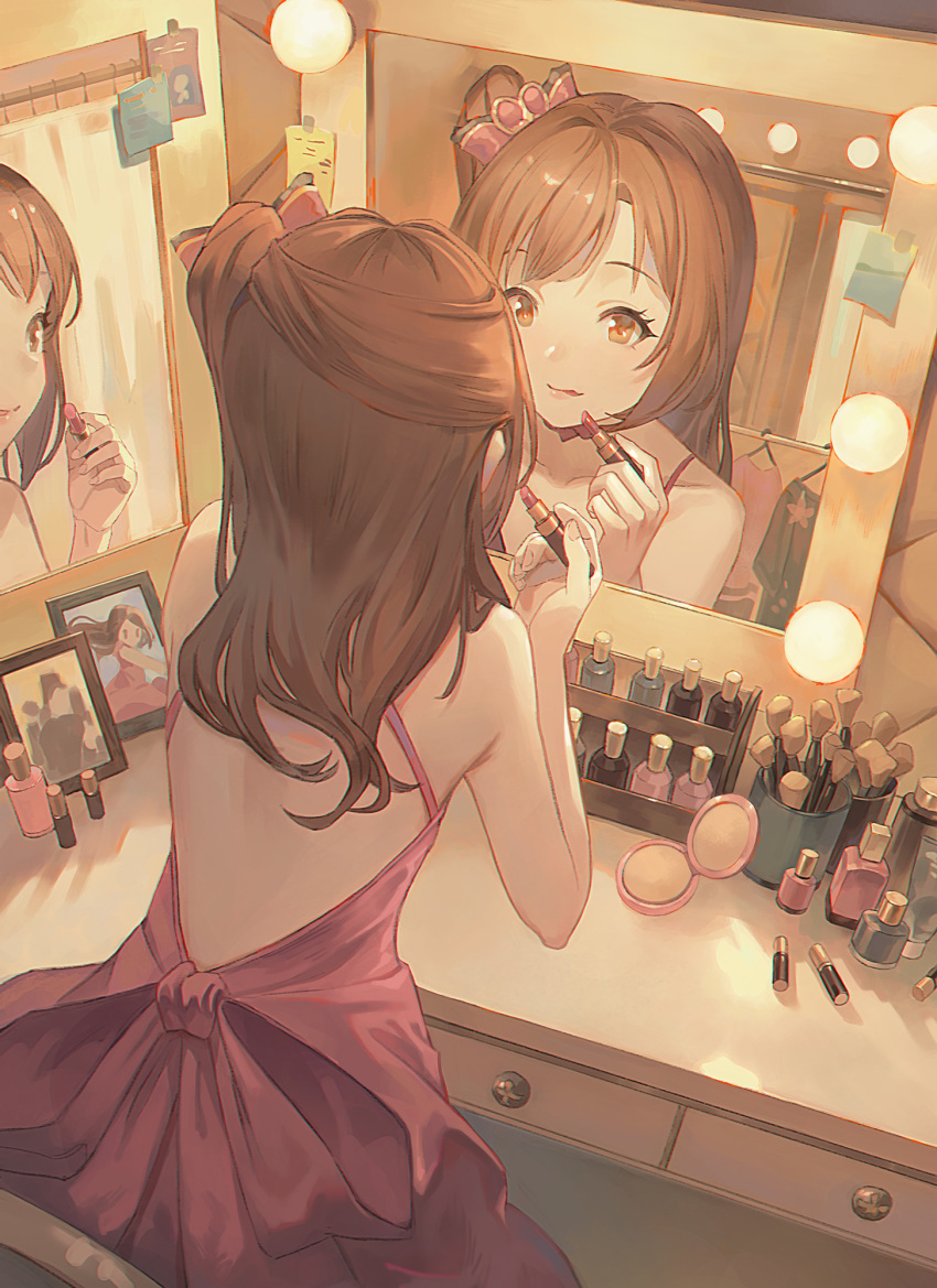 1girl bangs bare_back brown_eyes brown_hair brush collarbone crown drawer dress gawain_(artist) highres holding_lipstick_tube idolmaster idolmaster_cinderella_girls indoors light lipstick lipstick_tube long_hair looking_at_mirror makeup makeup_brush mini_crown mirror nail_polish_bottle photo_(object) picture_(object) picture_frame pink_dress reflection shimamura_uzuki side_ponytail sitting sleeveless solo sticky_note vanity