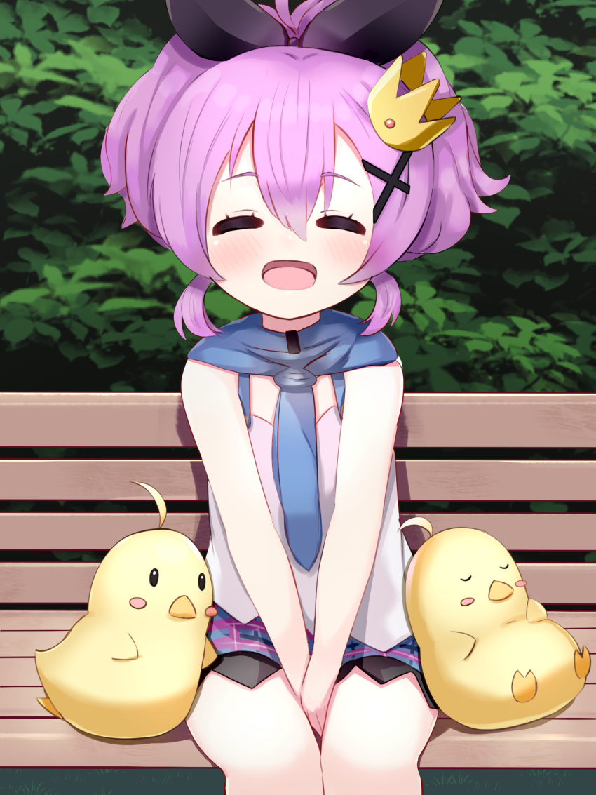 1girl :d ^_^ azur_lane bangs bench between_legs bird black_ribbon blush camisole chick closed_eyes commentary_request cowboy_shot cross_hair_ornament crown detached_hood eyebrows_visible_through_hair fuki_to_takenoko hair_between_eyes hair_ornament hair_ribbon hand_between_legs high_ponytail highres javelin_(azur_lane) manjuu_(azur_lane) mini_crown open_mouth park_bench plaid plaid_skirt plant ponytail purple_hair purple_skirt ribbon sidelocks sitting skirt smile solo_focus tilted_headwear u_u white_camisole younger
