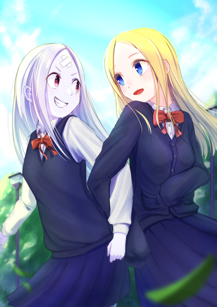 2girls abigail_williams_(fate/grand_order) absurdres bangs blazer blonde_hair blue_eyes blue_jacket blue_sky blue_vest breasts collared_shirt dress_shirt dual_persona fate/grand_order fate_(series) forehead grin highres huge_filesize jacket keyhole locked_arms long_hair long_sleeves looking_at_another multiple_girls nishiuji open_mouth parted_bangs pink_eyes pleated_skirt school_uniform shirt skirt sky small_breasts smile solo sweater_vest vest white_hair white_shirt white_skin