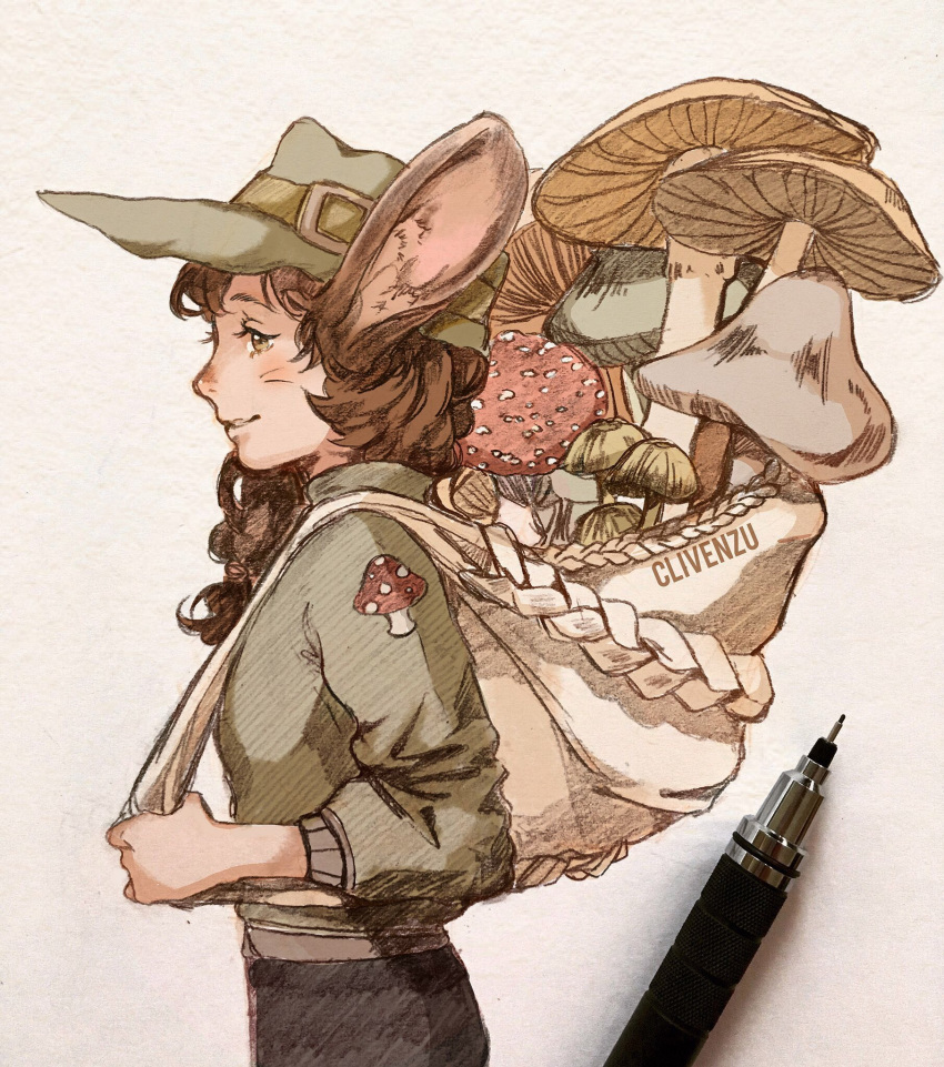 1girl animal_ears artist_name backpack bag black_pants blush brown_eyes brown_hair clivenzu commentary english_commentary from_side graphite_(medium) green_headwear green_jacket hat highres jacket long_hair long_sleeves mechanical_pencil mixed_media mouse_ears mouse_girl mushroom original pants pencil photo smile solo standing traditional_media whisker_markings