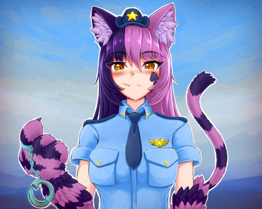 1girl animal_ear_fluff animal_ears bangs blue_neckwear blue_shirt blush breast_pocket cat_ears cat_tail cheshire_cat_(monster_girl_encyclopedia) claws commentary cuffs eyebrows_visible_through_hair eyes_visible_through_hair facial_mark frown fur hair_between_eyes hand_up handcuffs hat highres long_hair looking_at_viewer monster_girl_encyclopedia mouth_hold multicolored_hair necktie orange_eyes outline paws pink_hair pocket police_hat purple_hair shirt short_sleeves solo star symbol_commentary tail two-tone_hair upper_body white_outline wlper