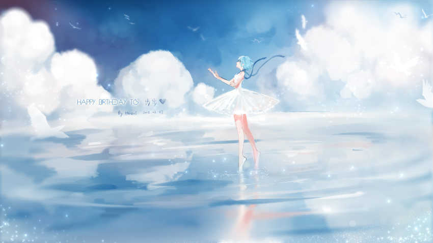 1girl arms_up artist_name ayanami_rei ballet_dress ballet_slippers bangs bare_shoulders birthday blue_hair blue_ribbon blue_sky chinese_commentary closed_mouth clouds cloudy_sky commentary_request dated day dress english_text floating floating_object from_side full_body hair_between_eyes happy_birthday heart highres liquid looking_up neon_genesis_evangelion ribbon short_hair sky sleeveless slippers solo sparkle standing water white_dress white_footwear yuzhi