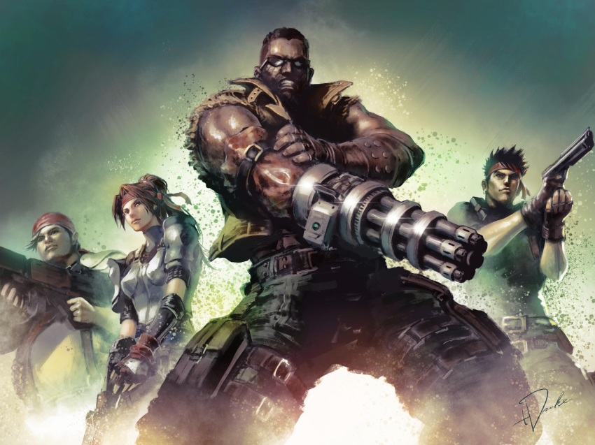 1girl 3boys arm_cannon armor bandana barret_wallace battle_rifle biggs_(ff7) breastplate commentary_request dark_skin final_fantasy final_fantasy_vii final_fantasy_vii_remake gatling_gun gun handgun headband highres holding holding_gun holding_weapon jessie_rasberry male_focus mohawk multiple_boys muscle pistol red_headband rifle sunglasses tdsuke very_dark_skin weapon wedge_(ff7)