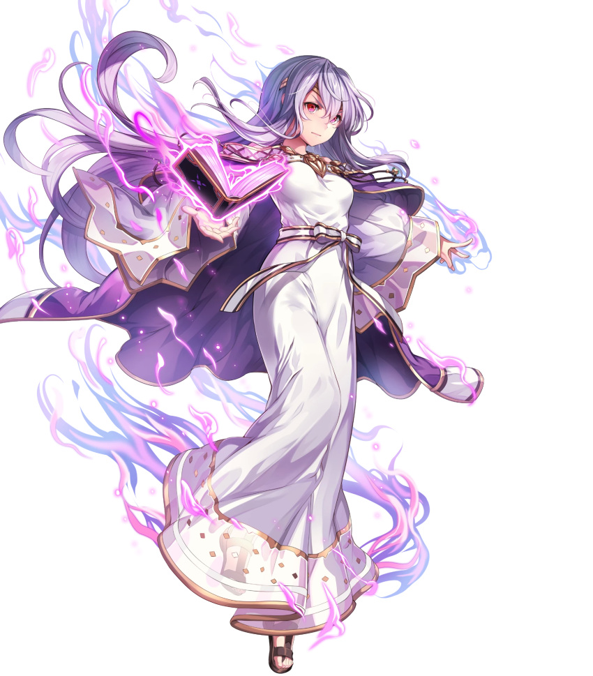 1girl aura bangs book breasts cape chachie circlet closed_mouth dark_aura dress fire_emblem fire_emblem:_genealogy_of_the_holy_war fire_emblem_heroes floating floating_object full_body hair_ornament highres holding holding_book jewelry julia_(fire_emblem) long_dress long_hair long_sleeves looking_away medium_breasts official_art open_book open_toe_shoes purple_cape purple_hair red_eyes sandals see-through shiny shiny_hair solo transparent_background violet_eyes wide_sleeves