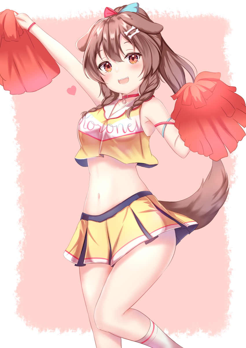 1girl animal_ears arm_up armpits bare_shoulders bow braid breasts brown_hair cheerleader choker crop_top crop_top_overhang dog_ears dog_tail hair_bow hair_ornament hairclip hand_up highres holding hololive inugami_korone long_hair looking_at_viewer medium_breasts midriff miniskirt navel open_mouth pleated_skirt pom_poms ponytail red_eyes shirt skirt sleeveless sleeveless_shirt smile solo stomach tail thighs twin_braids virtual_youtuber yellow_shirt yellow_skirt yuano