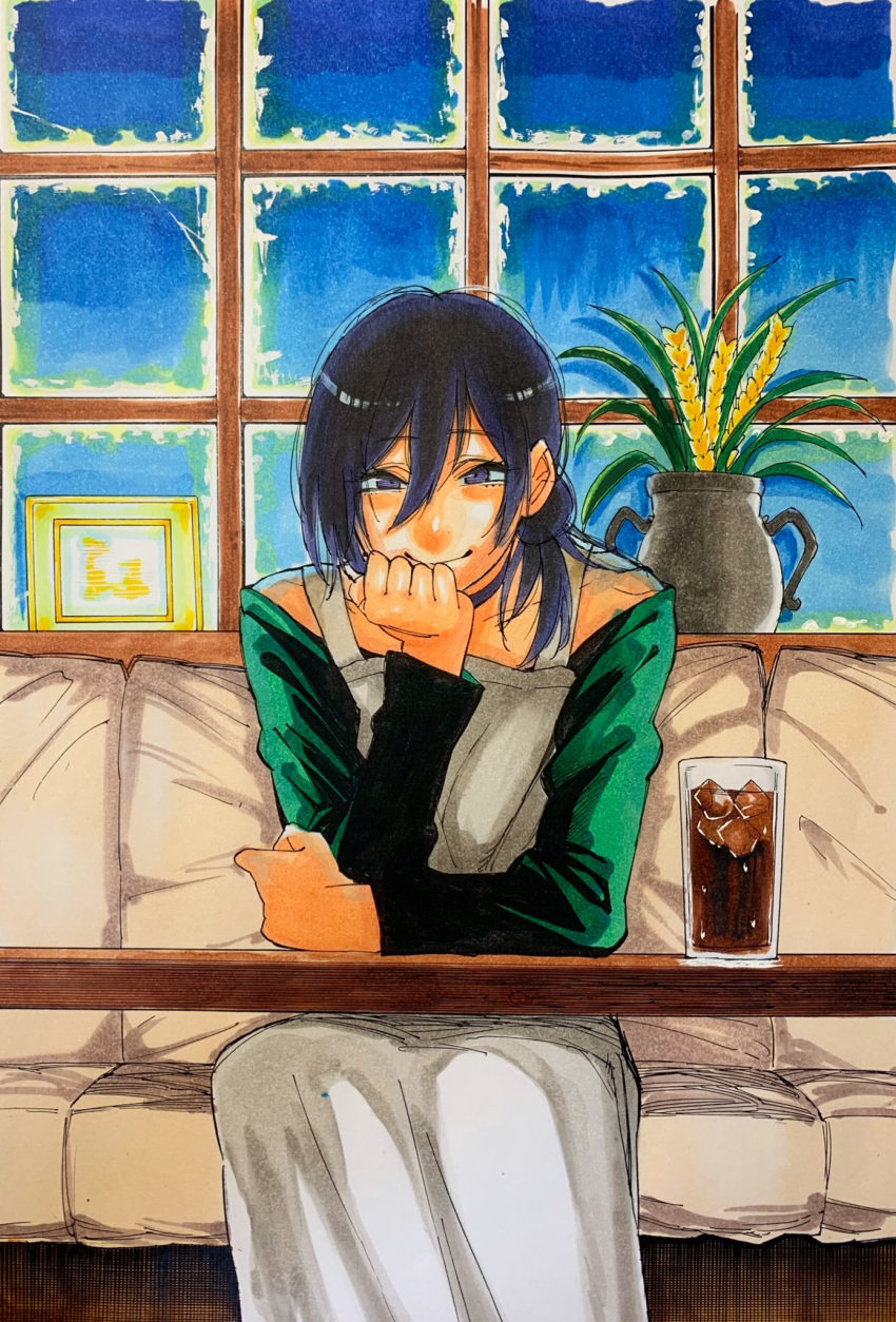 1girl apron arms_on_table bare_shoulders black_choker black_hair breasts chainsaw_man choker cola colorful drink green_shirt hair_bun hand_on_own_chin highres kbzrs2xvyd0hs2z looking_at_viewer medium_breasts medium_hair multicolored multicolored_background reze_(chainsaw_man) shirt short_hair sitting small_breasts smile solo white_apron
