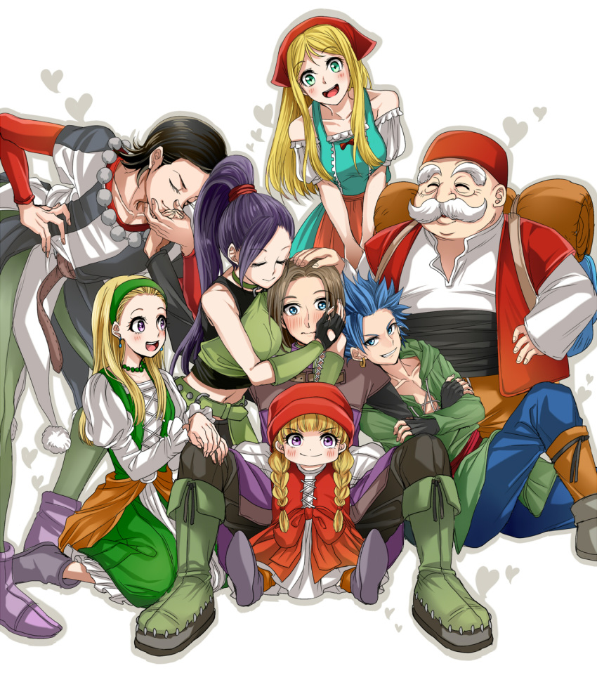 4boys 4girls :d apron arm_hug black_gloves black_hair blonde_hair blue_dress blue_eyes blue_hair blush boots brown_hair camus_(dq11) closed_eyes commentary_request dragon_quest dragon_quest_xi dress earrings emma_(dq11) fingerless_gloves gloves green_dress green_eyes green_footwear green_hairband green_shirt hair_ornament hair_scrunchie hairband hand_kiss hand_on_another's_head heart hero_(dq11) highres hug jewelry kiss long_hair looking_at_viewer martina_(dq11) midriff mixed_harem multiple_boys multiple_girls murasaki_(deceive138) open_mouth ponytail purple_hair red_bandana red_dress red_headwear red_scrunchie red_vest row_(dq11) scrunchie senya_(dq11) shirt simple_background sitting sleeping_bag sleeveless sleeveless_shirt smile spiky_hair striped striped_shirt sylvia_(dq11) veronica_(dq11) vertical-striped_shirt vertical_stripes vest violet_eyes waist_apron wavy_mouth white_background white_hair