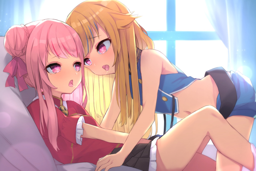 2girls bangs black_skirt blonde_hair blush curtains double_bun frilled_skirt frills heart heart-shaped_pupils highres himehina_channel indoors kurou_sagi long_hair looking_at_another lying miniskirt multicolored_hair multiple_girls navel on_pillow open_mouth pink_eyes pink_hair red_shirt saliva saliva_trail shirt short_sleeves shorts sidelocks skirt sleeveless streaked_hair suzuki_hina symbol-shaped_pupils tanaka_hime tongue tongue_out virtual_youtuber window yuri