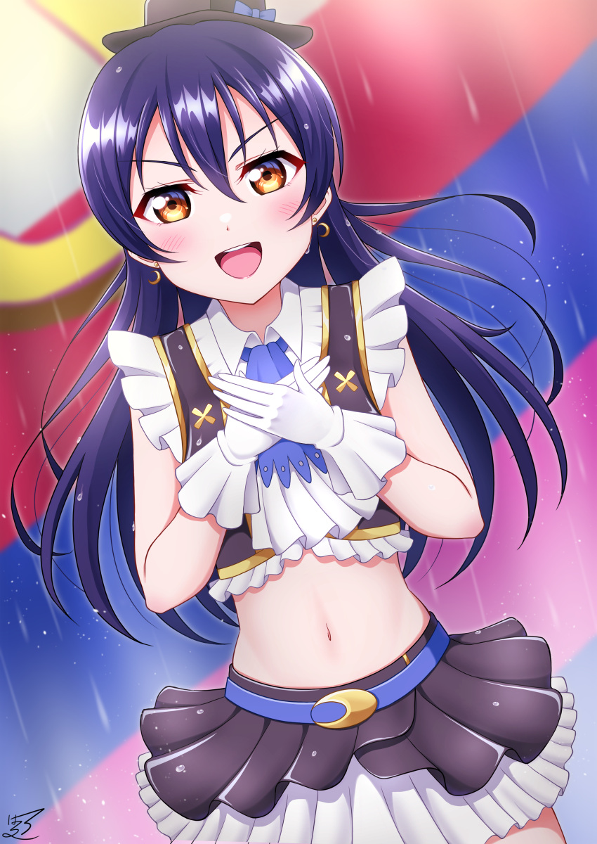 1girl absurdres bangs blue_hair cowboy_shot earrings gloves haruharo_(haruharo_7315) hat highres jewelry long_hair looking_at_viewer love_live! love_live!_school_idol_project midriff navel no_brand_girls open_mouth rain skirt smile solo sonoda_umi stomach swept_bangs wet white_gloves yellow_eyes