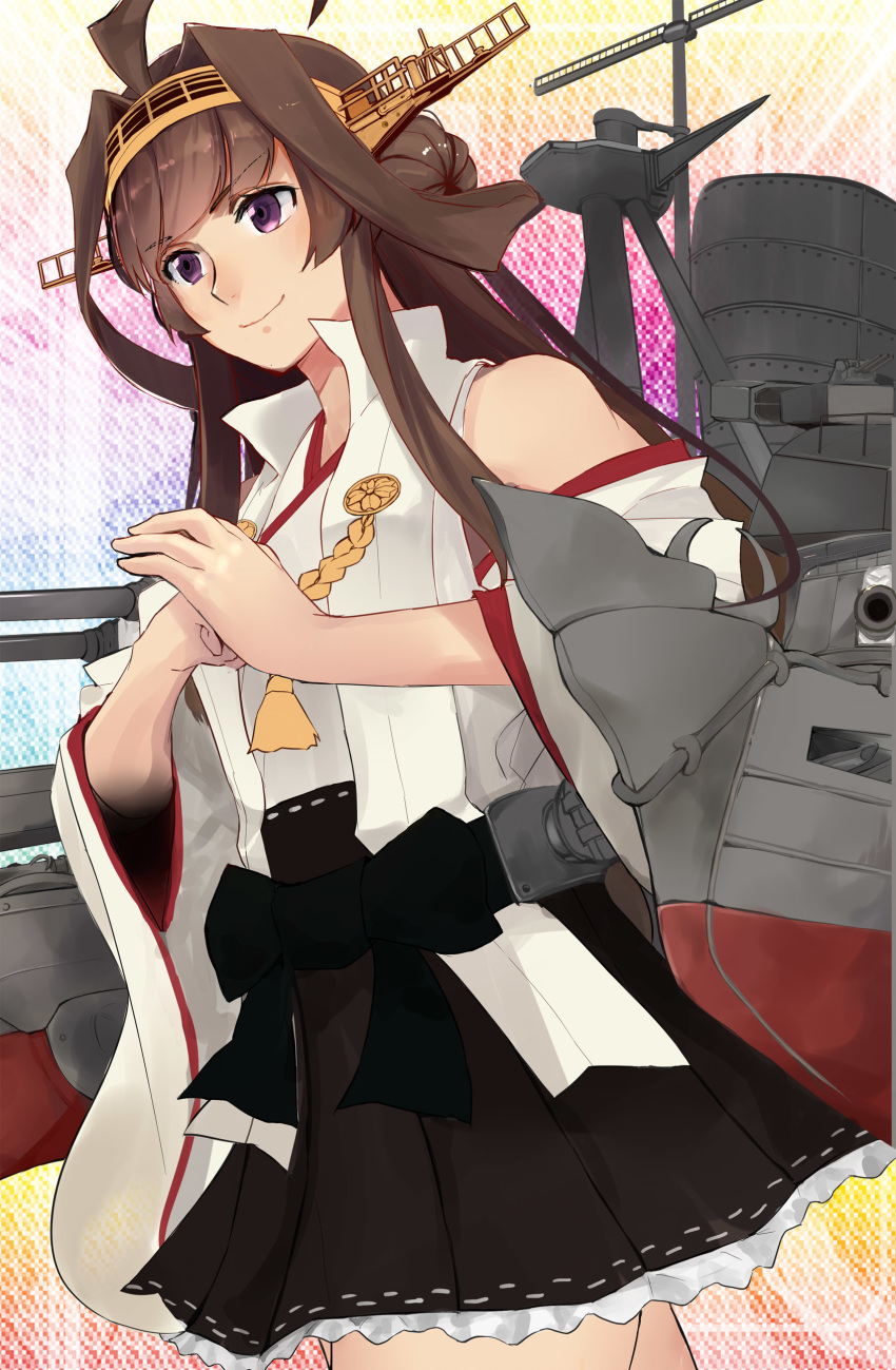 1girl absurdres ahoge brown_hair camel000 commentary_request cowboy_shot detached_sleeves double_bun fist_in_hand hairband headgear highres japanese_clothes kantai_collection kongou_(kantai_collection) long_hair machinery popped_collar remodel_(kantai_collection) ribbon-trimmed_sleeves ribbon_trim smokestack solo violet_eyes