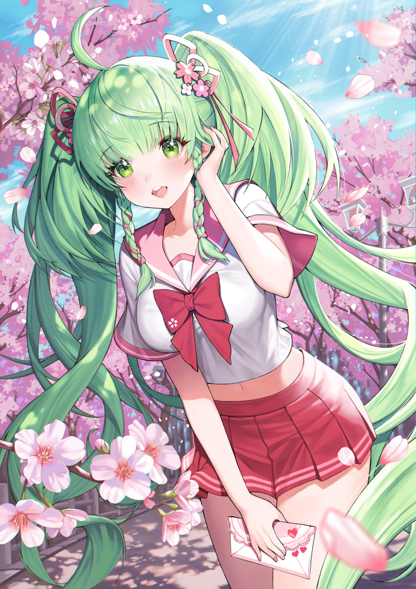 1girl ahoge bow bowtie breasts cherry_blossoms cowboy_shot flower green_eyes green_hair hair_flower hair_ornament hair_ribbon hand_up highres holding houchi_shoujo large_breasts long_hair looking_at_viewer midriff miniskirt monini open_mouth pleated_skirt red_skirt ribbon sailor_collar school_uniform serafuku shirt short_sleeves skirt solo standing tree twintails very_long_hair white_shirt