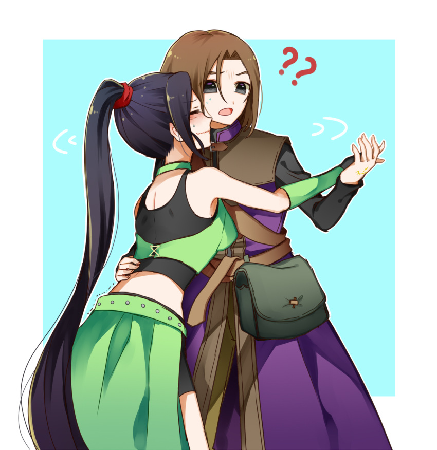 1boy 1girl :o ?? beifunan black_eyes blue_background blush border brown_hair closed_eyes dancing dragon_quest dragon_quest_xi embarrassed fingerless_gloves gloves hand_on_another's_back hero_(dq11) highres long_hair martina_(dq11) midriff pouch purple_hair sweatdrop very_long_hair waist_cape wavy_mouth white_border