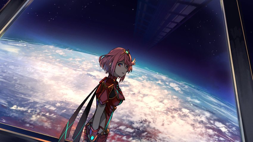 1girl bangs breasts gloves highres pyra_(xenoblade) medium_breasts poteto_(potetosarada123) redhead scenery short_hair sky solo space star_(sky) starry_sky swept_bangs window xenoblade_(series) xenoblade_2