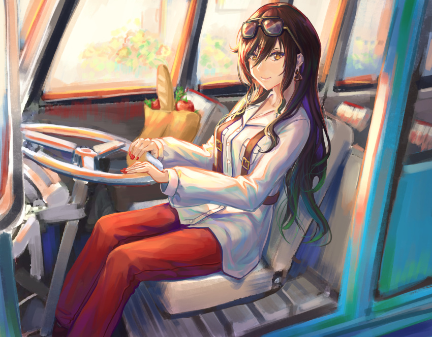 1girl bag baguette bangs black_hair bread closed_mouth commentary driving earrings eyewear_on_head feet_out_of_frame food fruit ground_vehicle hair_between_eyes harness highres idolmaster idolmaster_shiny_colors jacket jewelry lanzer long_hair long_sleeves looking_at_viewer motor_vehicle nail_polish outdoors paper_bag red_nails shirase_sakuya sitting smile solo sunglasses van volkswagen volkswagen_type_2 white_jacket yellow_eyes