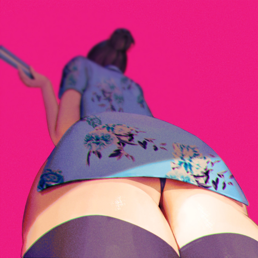 1girl aduo ass ass_focus black_hair blue_dress blurry china_dress chinese_clothes depth_of_field dress from_behind from_below hair_bun highres holding original panties pink_background print_dress purple_legwear purple_panties short_dress short_sleeves side_slit simple_background solo thigh-highs thighs underwear