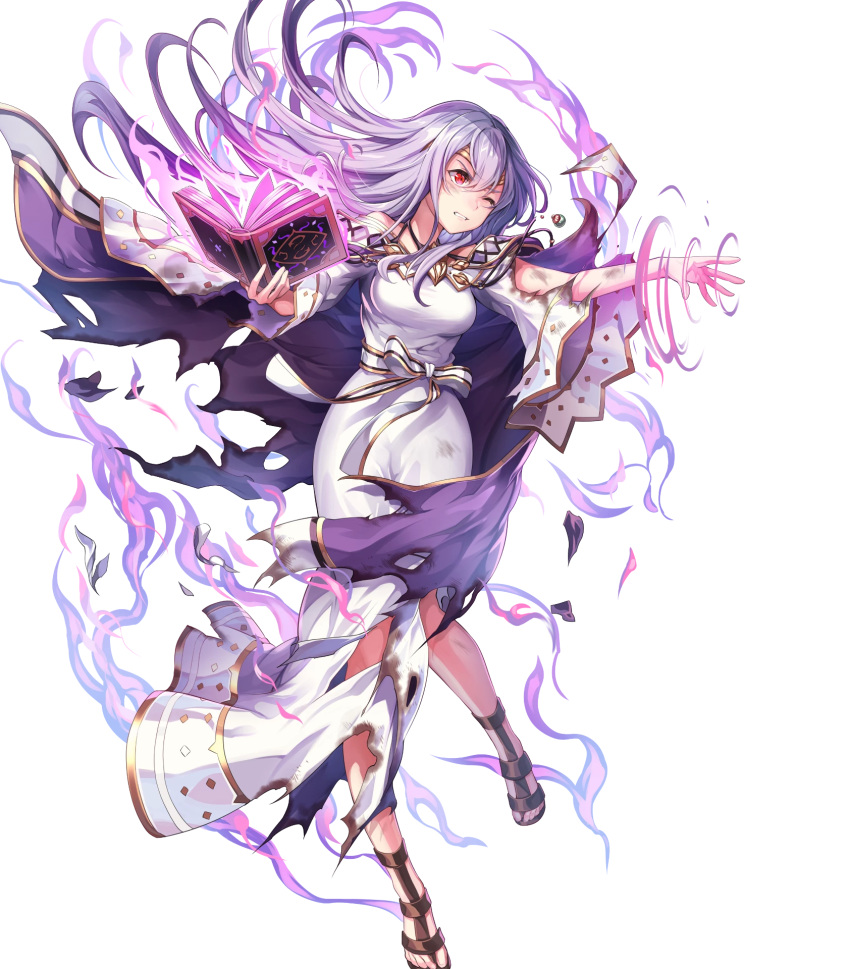 1girl aura bangs book breasts cape chachie circlet clenched_teeth dark_aura dress fire_emblem fire_emblem:_genealogy_of_the_holy_war fire_emblem_heroes full_body glowing hair_ornament highres holding holding_book jewelry julia_(fire_emblem) long_dress long_hair long_sleeves looking_away medium_breasts official_art one_eye_closed open_book open_toe_shoes parted_lips purple_cape purple_hair red_eyes sandals see-through shiny shiny_hair solo teeth torn_clothes torn_dress transparent_background violet_eyes wide_sleeves