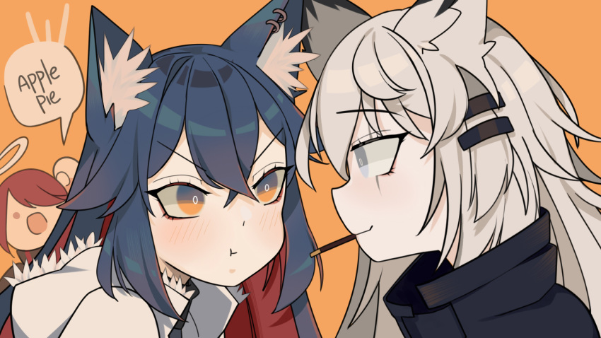 3girls :d :o animal_ear_fluff animal_ears arknights arm_up bangs black_jacket blue_hair blush catchphrase chibi clenched_hand collar collared_jacket earrings english_commentary english_text exusiai_(arknights) eye_contact eyebrows_visible_through_hair food food_in_mouth from_side fur_collar fur_trim grey_eyes hair_between_eyes hair_ornament hair_over_one_eye hairclip halo hood hood_down hooded_jacket jacket jewelry lappland_(arknights) long_hair looking_at_another multicolored_hair multiple_girls nyawurin open_mouth orange_background orange_eyes pocky portrait pout redhead scar scar_across_eye short_hair silver_hair smile speech_bubble texas_(arknights) two-tone_hair white_jacket wolf_ears yuri