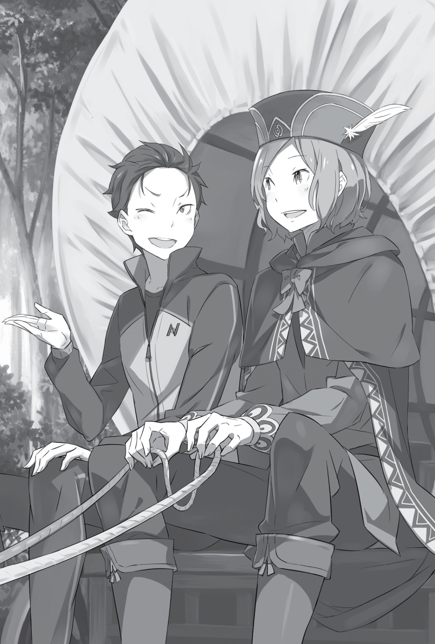 2boys :d ;d cape capelet day forest greyscale hat hat_feather highres jacket monochrome multiple_boys natsuki_subaru nature novel_illustration official_art one_eye_closed ootsuka_shin'ichirou open_mouth otto_suewen outdoors pants re:zero_kara_hajimeru_isekai_seikatsu shiny shiny_hair smile