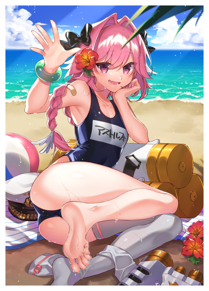 1boy absurdres ass astolfo_(fate) bandaid bangs bare_shoulders beach black_bow blue_swimsuit blush bow bracelet braid citron_82 collarbone fang fate/apocrypha fate_(series) feet flower hair_flower hair_intakes hair_ornament highres jewelry legs long_braid long_hair looking_at_viewer multicolored_hair name_tag ocean one-piece_swimsuit open_mouth otoko_no_ko pink_hair single_braid single_thighhigh skin_fang smile soles solo streaked_hair swimsuit thigh-highs toes violet_eyes waving white_hair white_legwear