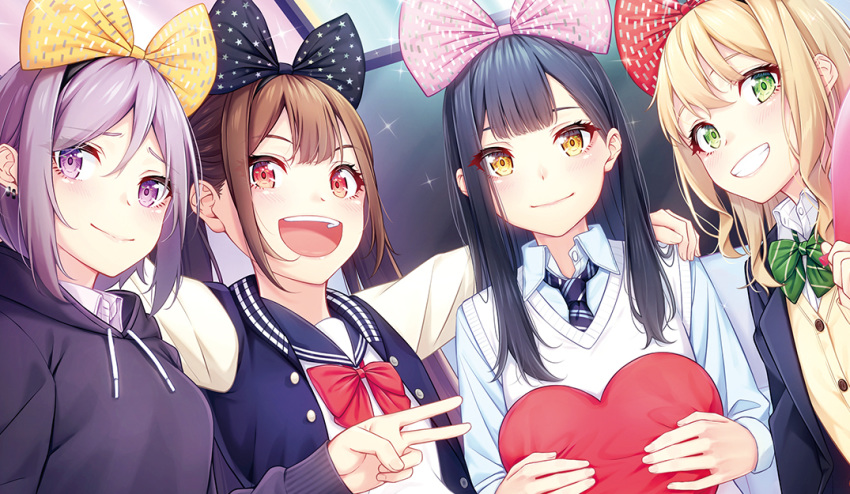 4girls :d arm_around_shoulder bangs black_bow black_hair black_hoodie blonde_hair bow brown_hair earrings glint green_eyes hair_between_eyes hair_bow hairband heart hood hoodie indoors jewelry long_hair long_sleeves multiple_girls necktie ochiai_miyabi open_mouth original pink_bow purple_hair red_bow red_eyes school_uniform serafuku shirt short_hair smile sparkle star star_print uniform upper_body v vest violet_eyes white_shirt yellow_bow yellow_eyes