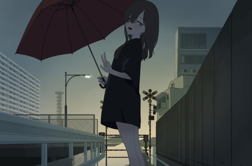 1girl :d black_hair building fence highres lamppost long_hair oissu_tiwassu open_mouth original outdoors red_eyes smile solo umbrella w