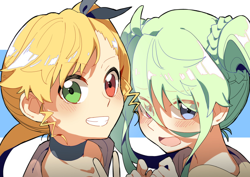 2girls absurdres blonde_hair blush couple einhart_stratos embarrassed green_hair grin happy heterochromia highres long_hair lyrical_nanoha mahou_shoujo_lyrical_nanoha mahou_shoujo_lyrical_nanoha_vivid multiple_girls open_mouth rakuichi side_ponytail simple_background smile surprised teeth twintails v vivio yuri