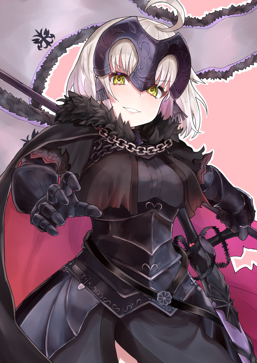1girl absurdres agata_(yfw1110) ahoge armor armored_dress bangs black_cape blush breasts cape chain collar fate/grand_order fate_(series) faulds flag fur-trimmed_cape fur_trim gauntlets grin headpiece highres jeanne_d'arc_(alter)_(fate) jeanne_d'arc_(fate)_(all) large_breasts looking_at_viewer metal_collar plackart short_hair silver_hair smile solo sword weapon yellow_eyes