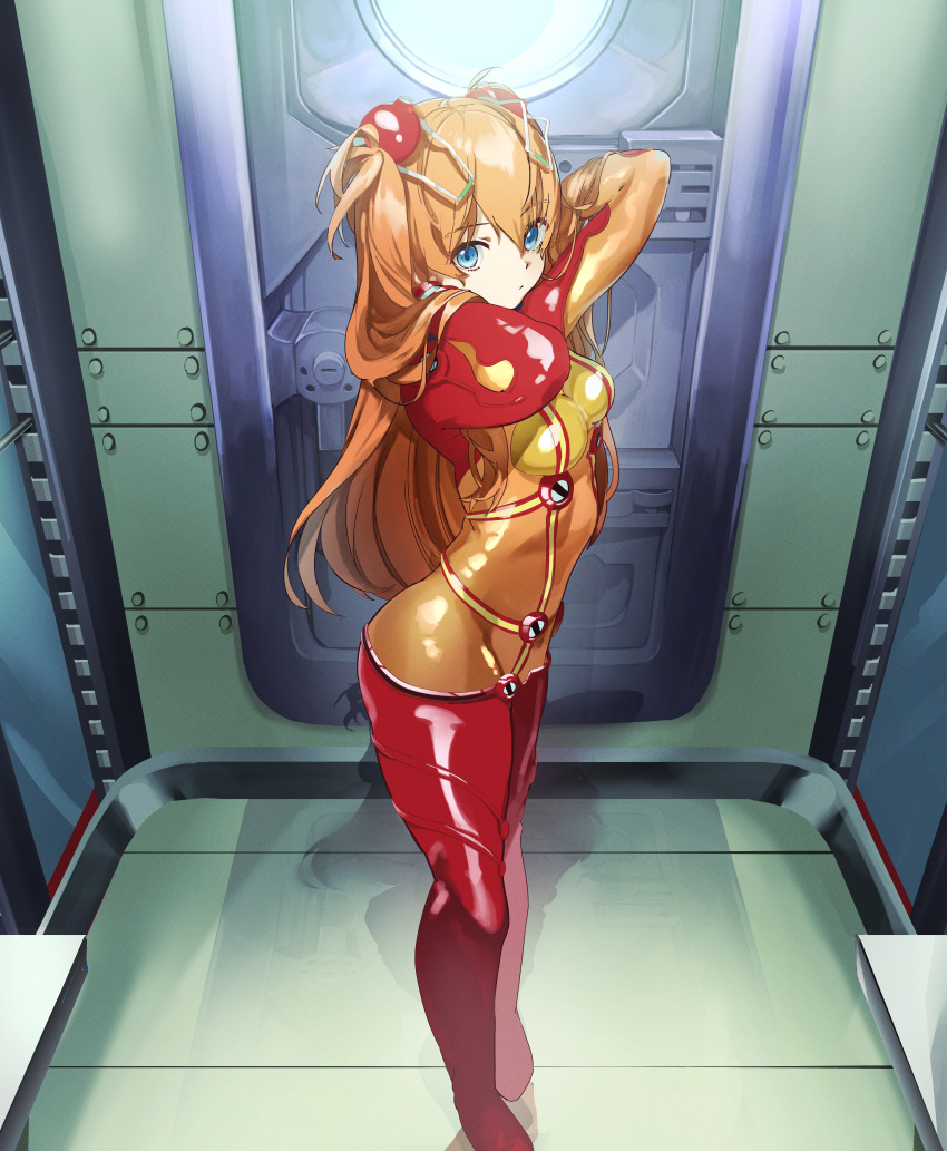 1girl absurdres blue_eyes bodysuit commentary_request evangelion:_2.0_you_can_(not)_advance hair_ornament highres huge_filesize interface_headset kamekichi_(6969) long_hair looking_at_viewer multicolored multicolored_bodysuit multicolored_clothes neon_genesis_evangelion orange_bodysuit orange_hair pilot_suit plugsuit rebuild_of_evangelion red_bodysuit shikinami_asuka_langley solo souryuu_asuka_langley standing test_plugsuit