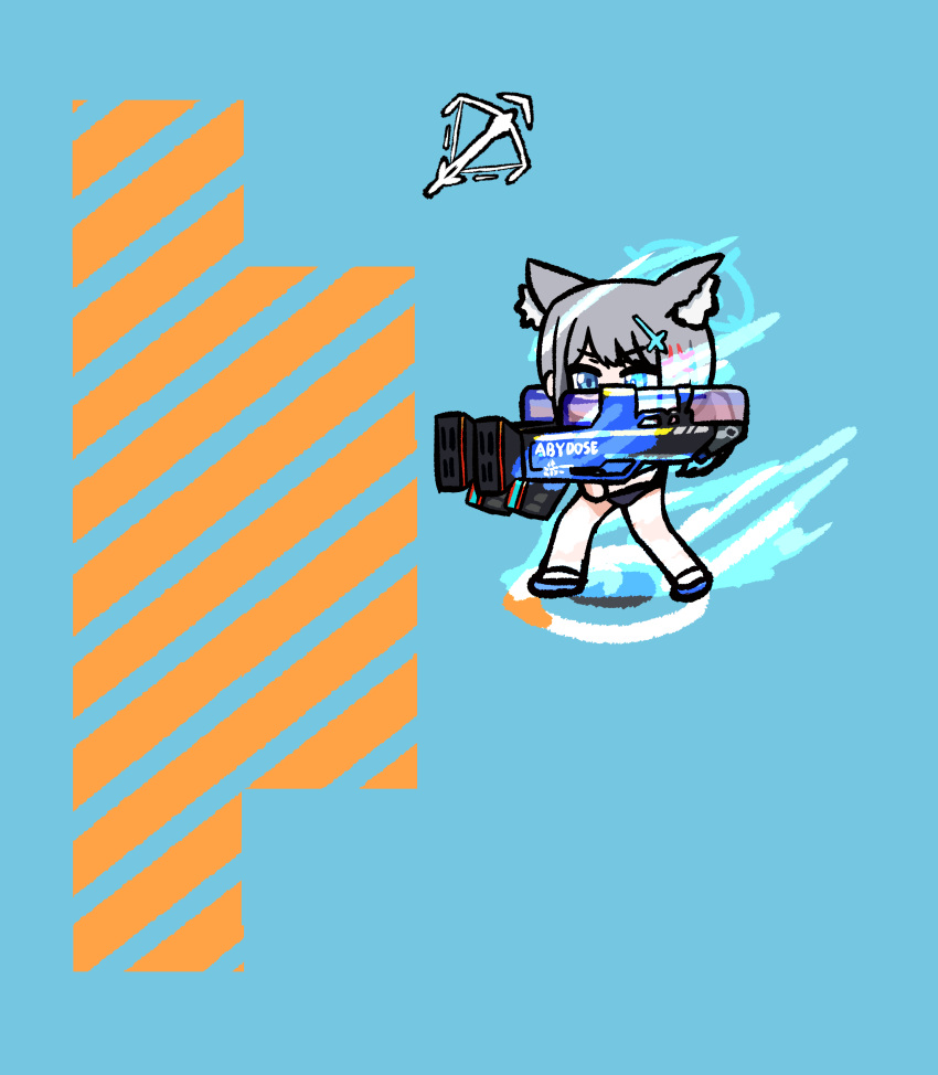 1girl absurdres anger_vein animal_ear_fluff animal_ears arknights black_one-piece_swimsuit blue_archive blue_background blue_eyes blue_footwear blue_halo bright_pupils chibi cross cross_hair_ornament crossover grey_hair gun hair_ornament halo highres holding holding_gun holding_weapon latin_cross mismatched_pupils official_alternate_costume one-piece_swimsuit panatisia shiroko_(blue_archive) shiroko_(swimsuit)_(blue_archive) short_hair simple_background solo standing swimsuit weapon white_pupils wolf_ears wolf_girl