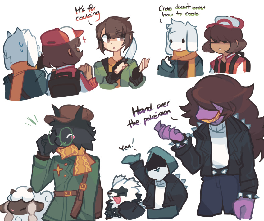 brown_hair brown_headwear charamells closed_eyes commentary crossover dark_skin english_commentary english_text galarian_form galarian_zigzagoon gen_8_pokemon highres pokemon simple_background tongue tongue_out white_background wooloo