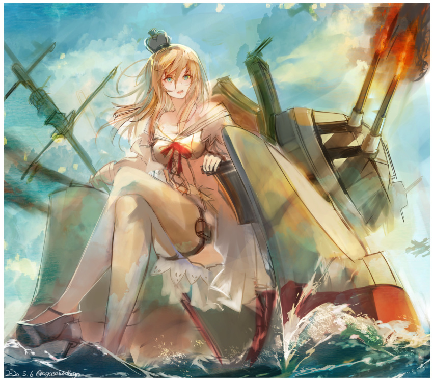 1girl absurdres blonde_hair blue_eyes blue_sky braid cannon clouds crown dated dress firing flower french_braid garter_straps highres kantai_collection long_hair long_sleeves machinery mini_crown muzzle_flash nagasawa_tougo off-shoulder_dress off_shoulder red_flower red_ribbon red_rose ribbon rose scepter sitting sky solo thigh-highs throne twitter_username warspite_(kantai_collection) water white_dress white_legwear