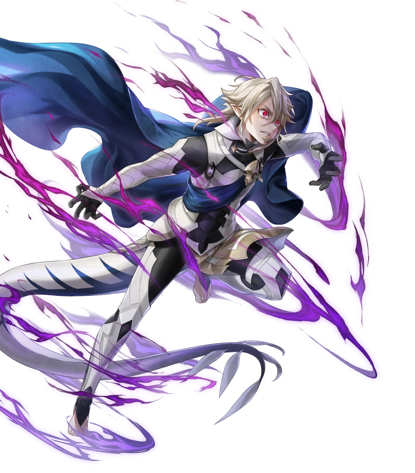 1boy alternate_costume argon_(exys) aura barefoot cape corrin_(fire_emblem) corrin_(fire_emblem)_(male) dragon_tail fire_emblem fire_emblem_fates fire_emblem_heroes full_body gloves glowing glowing_eyes highres official_art pointy_ears red_eyes tail teeth transparent_background white_hair